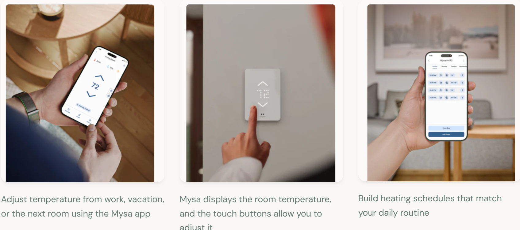 Mysa thermostat in use: app control, wall-mounted device, and scheduling
